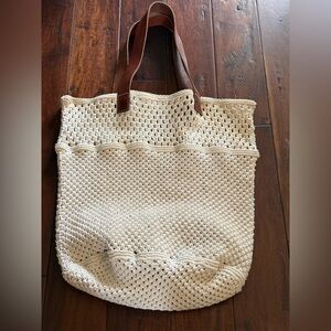 Urban Outfitters Large Crochet Cream Tote Bag with leather straps  19”